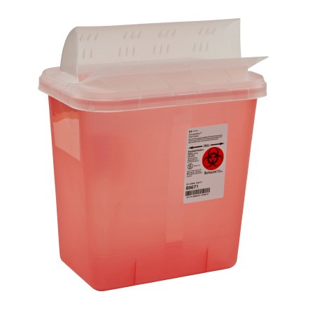 Sharps Container SharpSafety™ 10 H X 10-1/2 W X 7-1/4 D Inch 2 Gallon Translucent Red Base / Translucent Lid Horizontal Entry Flap Lid (1/EA 20/CS) by Cardinal  ID 89671